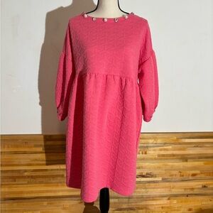 Simply Southern Hot Pink Knit Quilted Textured Med Mini Dress Pearl CZ Accents